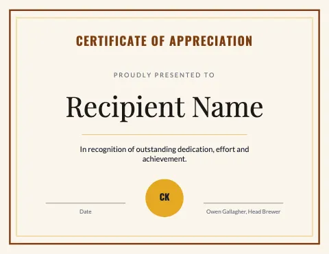 Brewery & bar classic certificate template