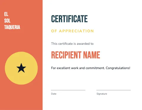 Taqueria modern certificate template