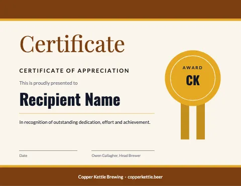 Brewery & bar ribbon certificate template