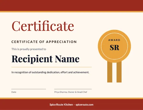 Indian restaurant ribbon certificate template