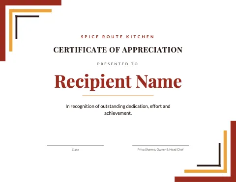 Indian restaurant geometric certificate template