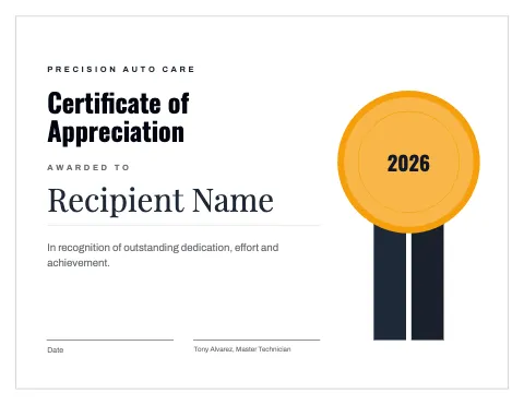 Auto repair medal certificate template