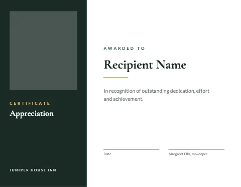 Hotel & B&B split panel certificate template
