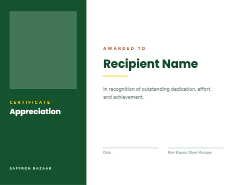Indian grocery split panel certificate template