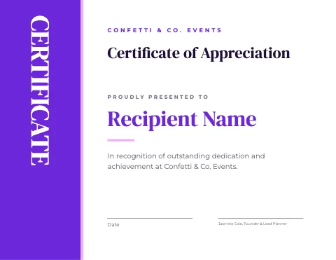 Event planner vertical title certificate template