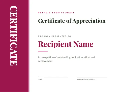 Florist vertical title certificate template