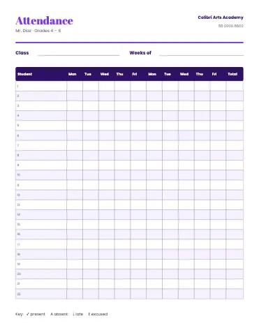 Art & music class attendance sheet classroom form template