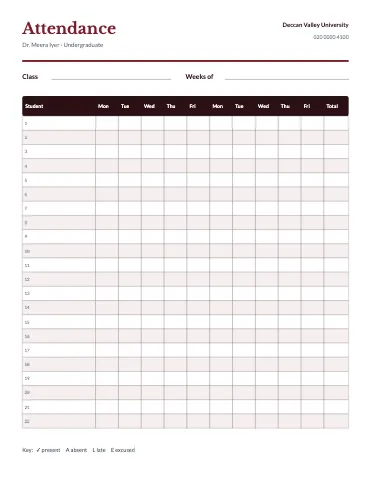 University & college attendance sheet classroom form template