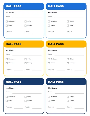 Elementary school hall passes (6 per page) classroom form template