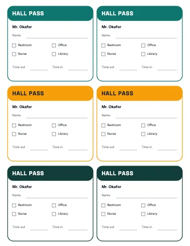 Middle school science hall passes (6 per page) classroom form template