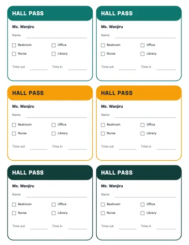 Middle school science hall passes (6 per page) classroom form template