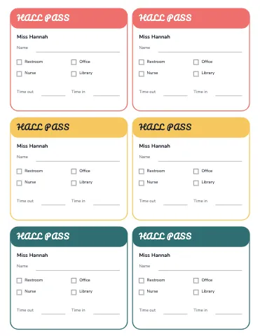 Preschool & Kindergarten hall passes (6 per page) classroom form template