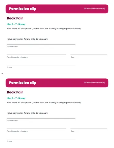 Elementary English permission slip (2 per page) classroom form template