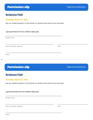 Elementary school permission slip (2 per page) classroom form template