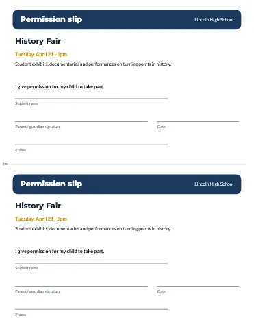 High school permission slip (2 per page) classroom form template