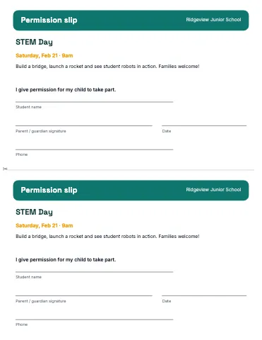 Middle school science permission slip (2 per page) classroom form template