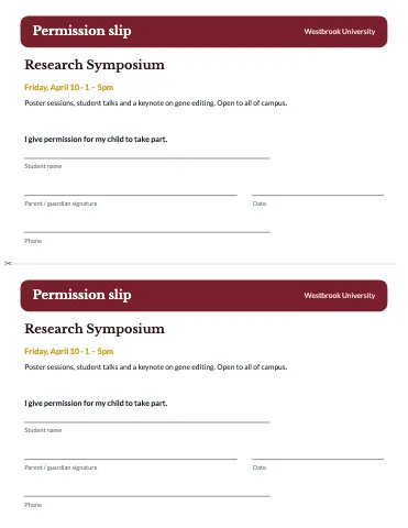 University & college permission slip (2 per page) classroom form template