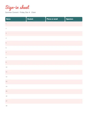 Preschool & Kindergarten sign-in sheet classroom form template