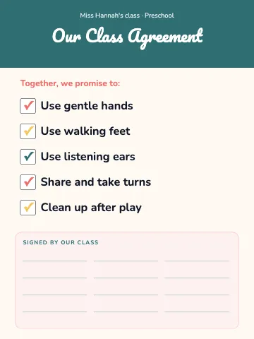 Preschool & Kindergarten class agreement classroom poster template