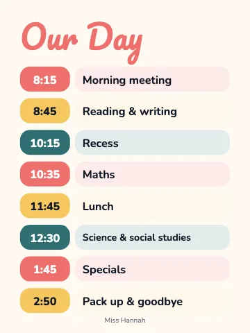 Preschool & Kindergarten daily schedule classroom poster template
