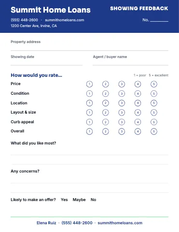 Mortgage & lending showing feedback business form template