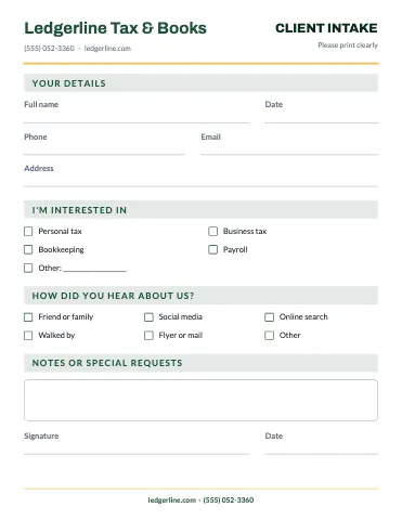 Accounting & tax client intake business form template
