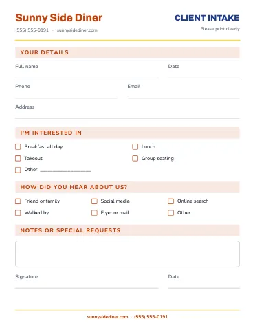 Breakfast diner client intake business form template