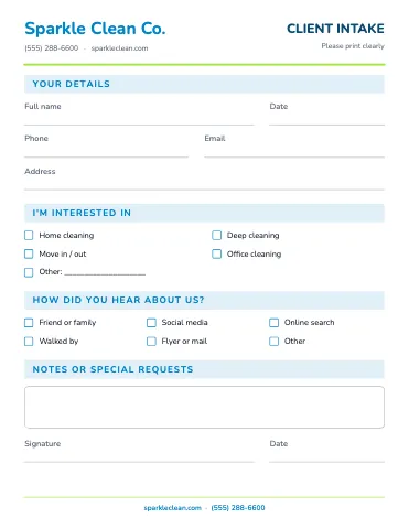 Cleaning services client intake business form template