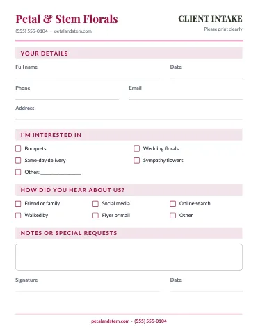 Florist client intake business form template