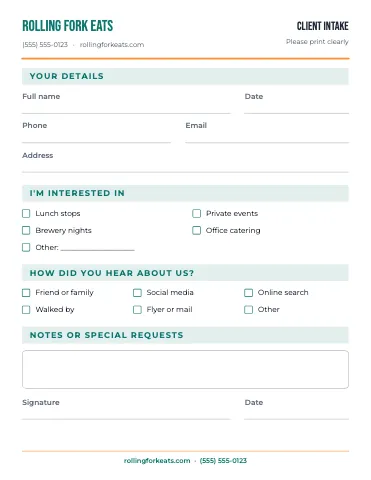 Food truck client intake business form template