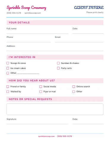 Ice cream shop client intake business form template