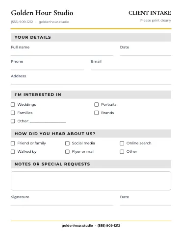 Photography & creative client intake business form template