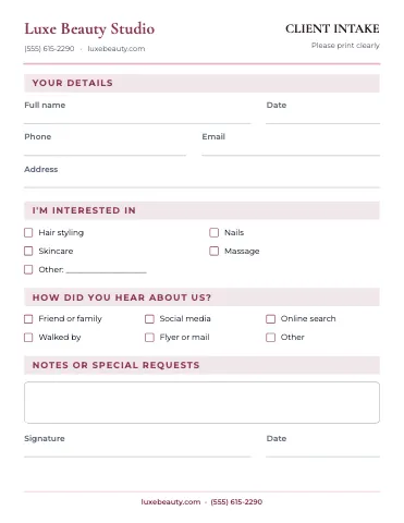 Salon & spa client intake business form template