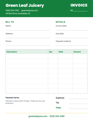Juice & smoothie bar invoice / receipt business form template