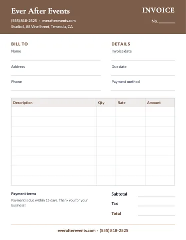 Weddings & events invoice / receipt business form template