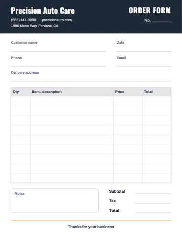 Auto repair order form template