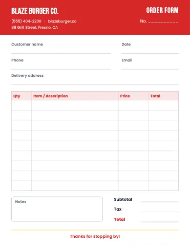 Burger joint order form template