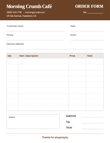 Café & bakery order form template