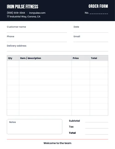 Fitness & gym order form template