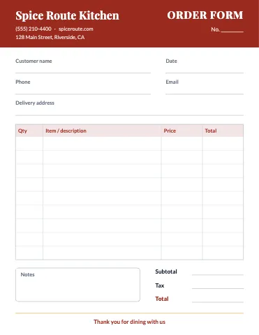 Indian restaurant order form template
