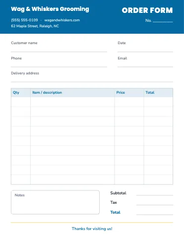 Pet grooming order form template