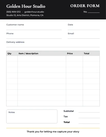 Photography & creative order form template