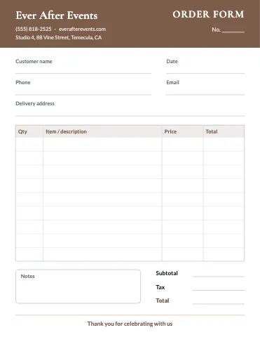 Weddings & events order form template