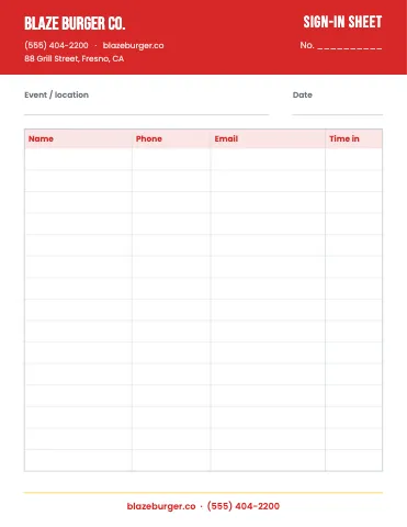 Burger joint sign-in sheet business form template