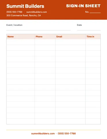 Contractor & construction sign-in sheet business form template