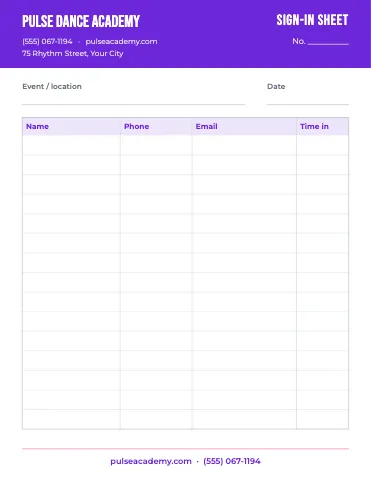 Dance studio sign-in sheet business form template