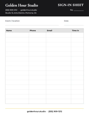 Photography & creative sign-in sheet business form template