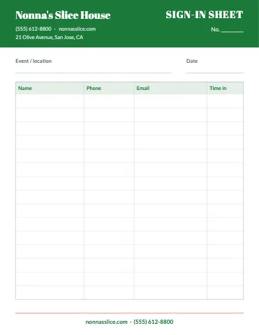 Pizzeria sign-in sheet business form template