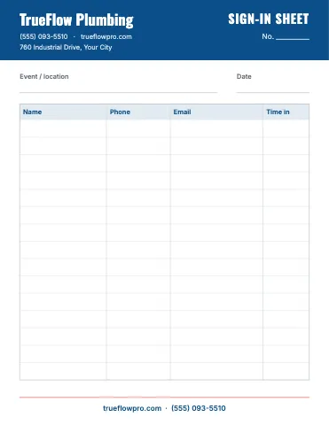 Plumbing & HVAC sign-in sheet business form template