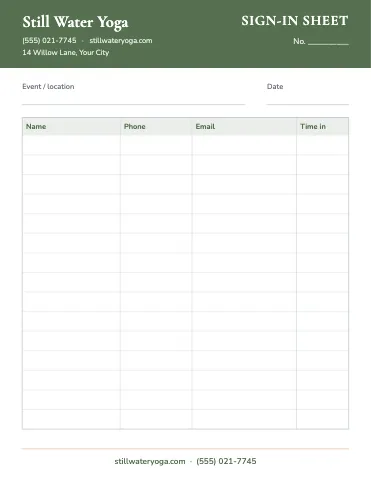 Yoga studio sign-in sheet business form template